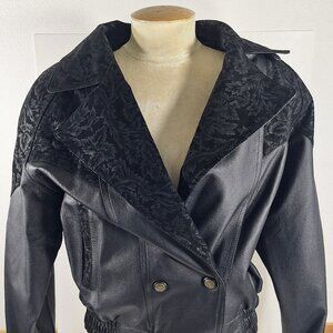Preston & York Women's Bomber Style Genuine Leather Jacket Small Black Floral